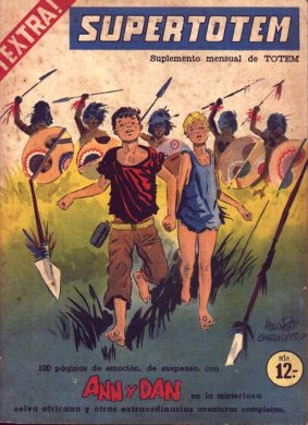 Framsidan till första numret av Supertotem, och första gången serien "Anna nella jungla" av Hugo Pratt publicerades