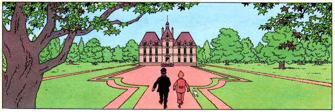Kapten Haddock tillsammans med Tintin och Milou på väg för att ta sitt familjeslott Moulinsart i besittning. Ur "Rackham den Rödes skatt". © Hergé