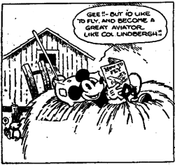 Musse Pigg i den allra första serierutan, av Ub Iwerks, tuschad av Win Smith efter manus av Walt Disney från dagsstrippen 1930-01-13. © Disney