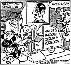 Musse och Hitler från "Musse Pigg"-dagsstripp 1943-07-29 ("Mickey Mouse on a Secret Mission"). Av Floyd Gottfredson. © Disney.