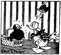 Första dagsstrippen med Kalle Anka 7 februari 1938. Manus: Homer Brightman, teckning Al Taliaferro. © Disney.